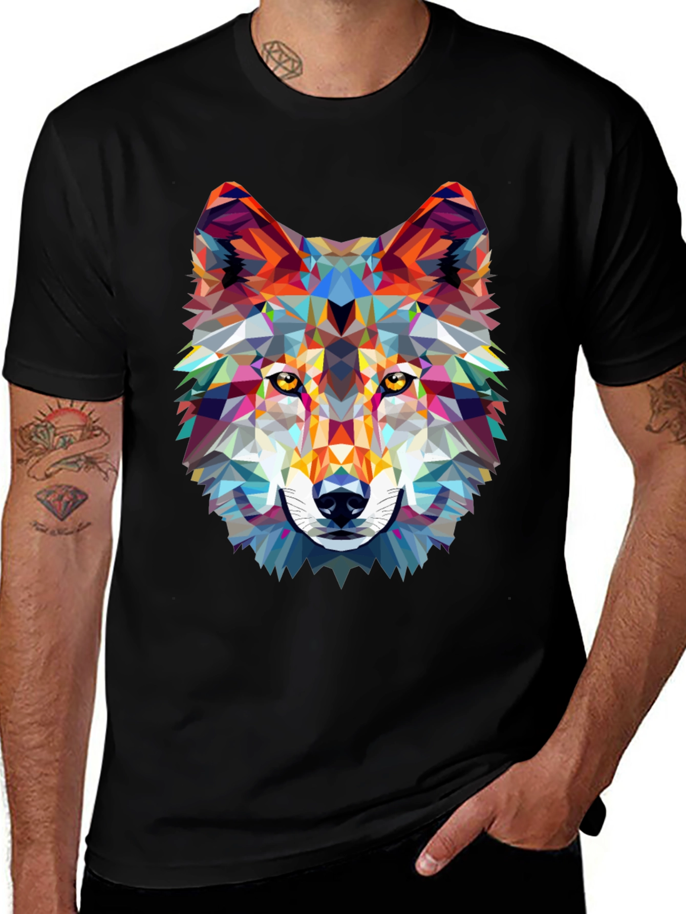 Geometric Wolf Graphic Print Black T-Shirt