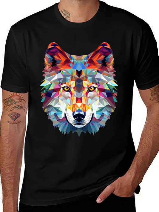 Geometric Wolf Graphic Print Black T-Shirt