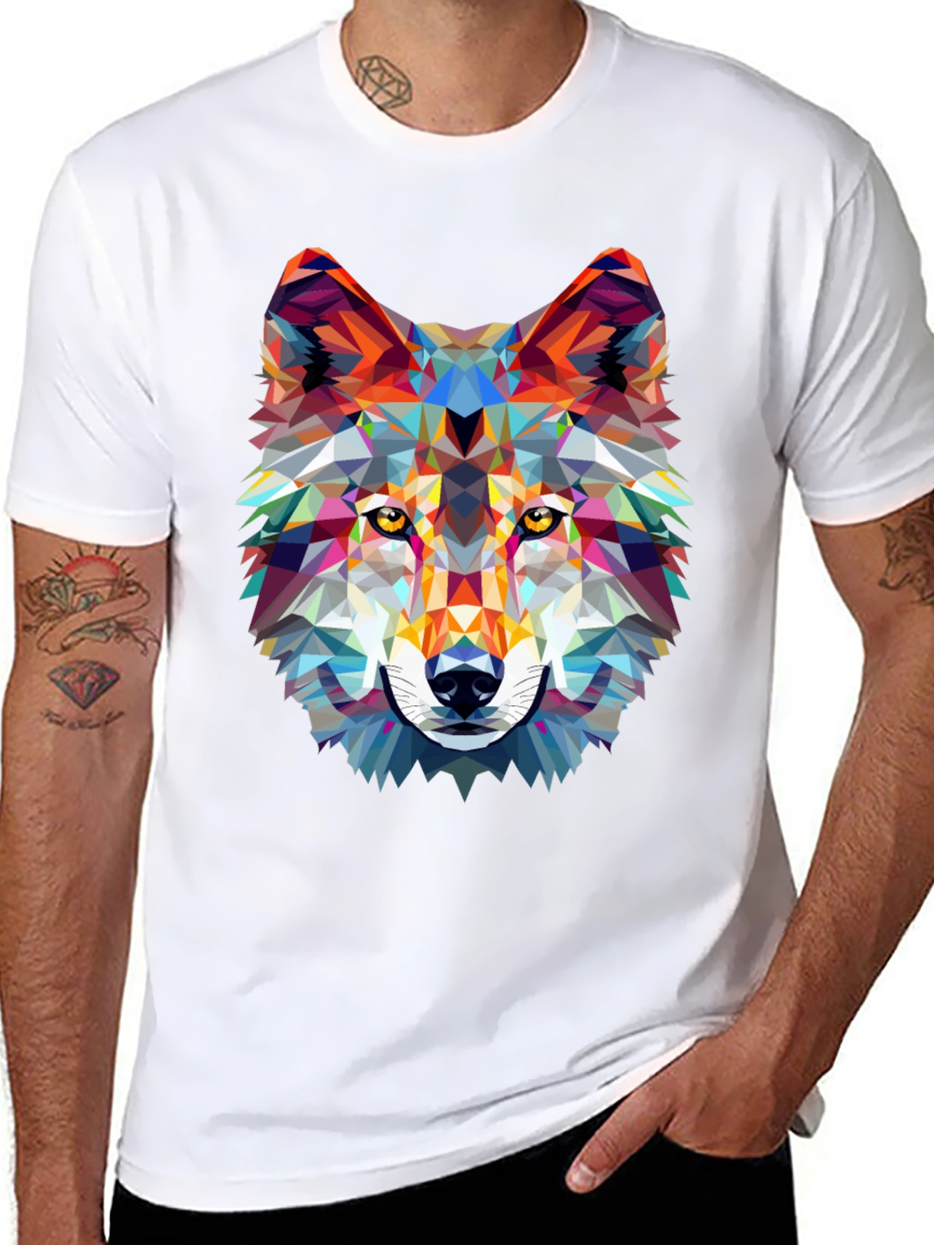 Geometric Wolf Graphic Print Black T-Shirt