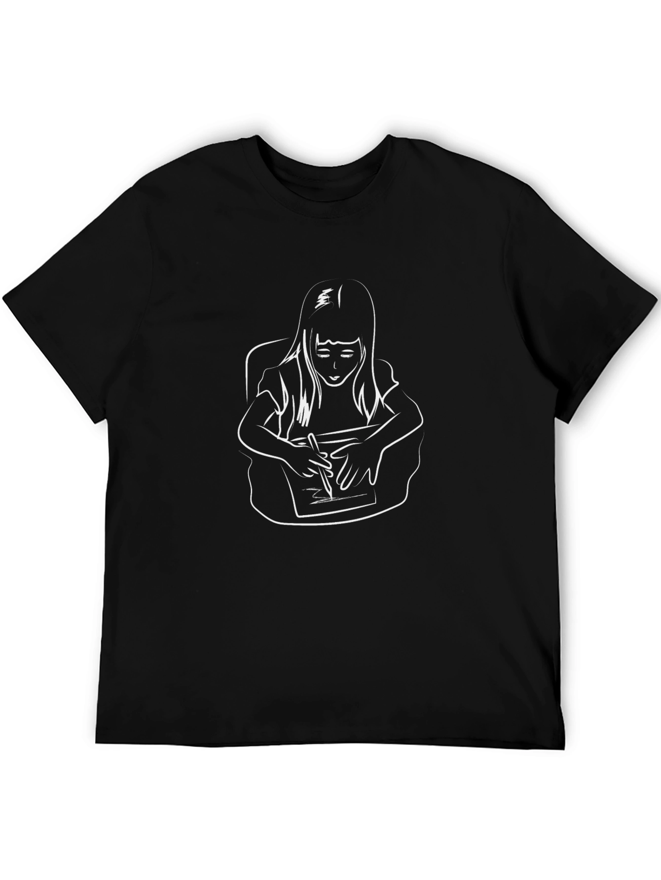Girl Writing Line Art Black T-Shirt