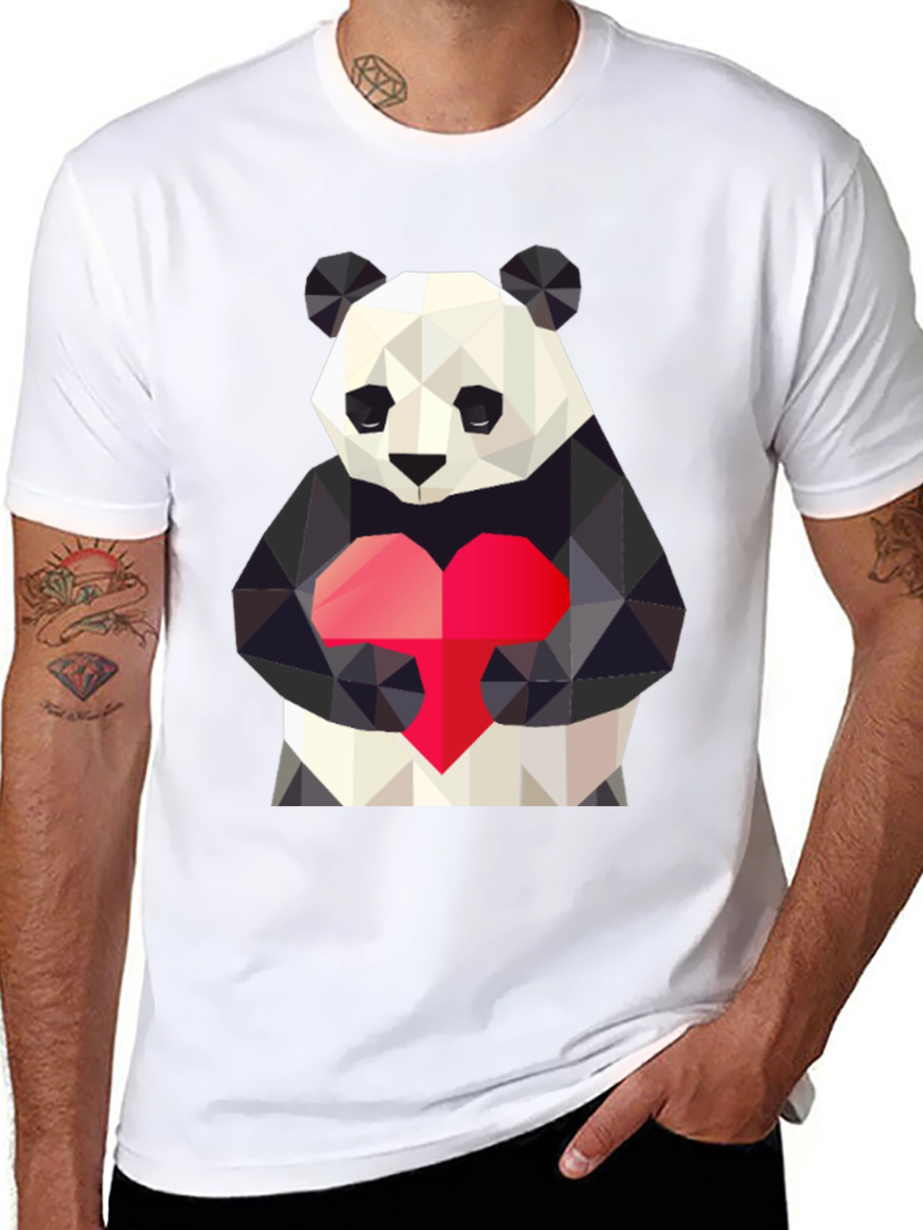 Geometric Panda Heart Graphic Tee - Mens Black T-Shirt