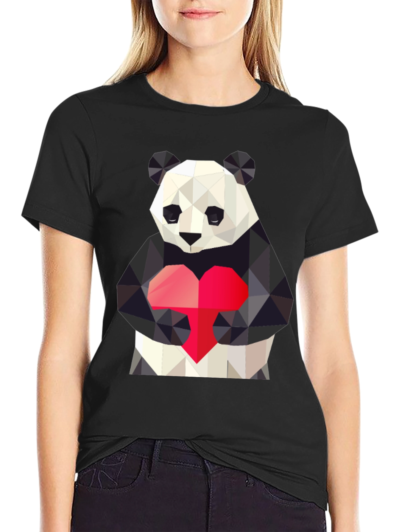 Geometric Panda Heart Graphic Tee - Mens Black T-Shirt