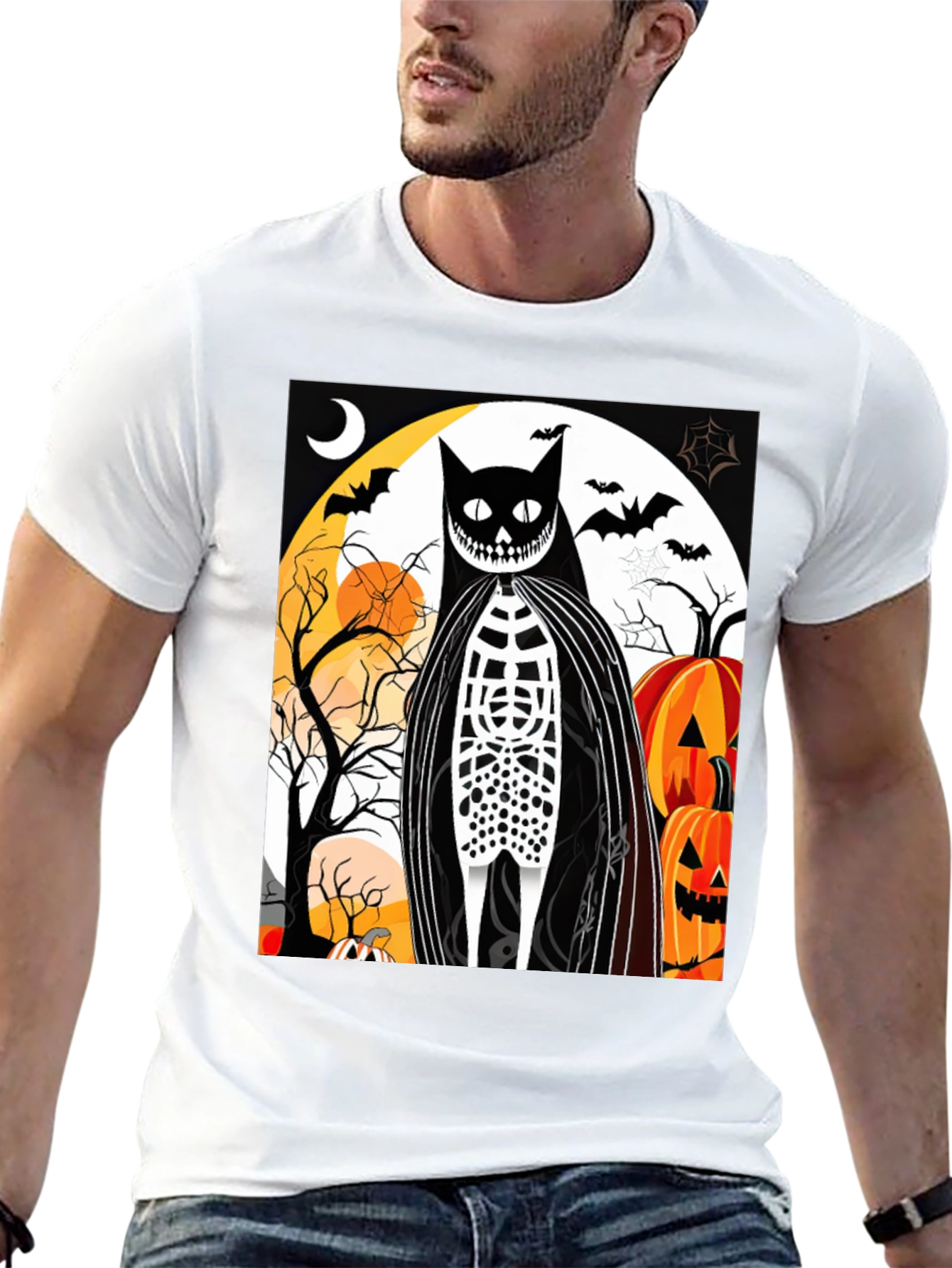 Halloween Cat Skeleton Graphic T-Shirt