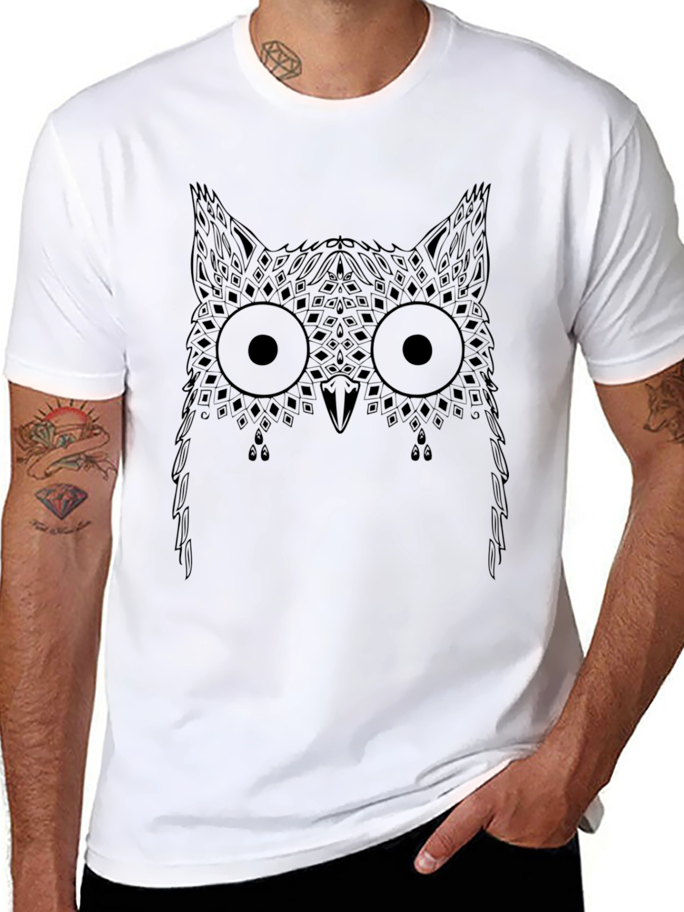 Geometric Owl Print Black T-Shirt