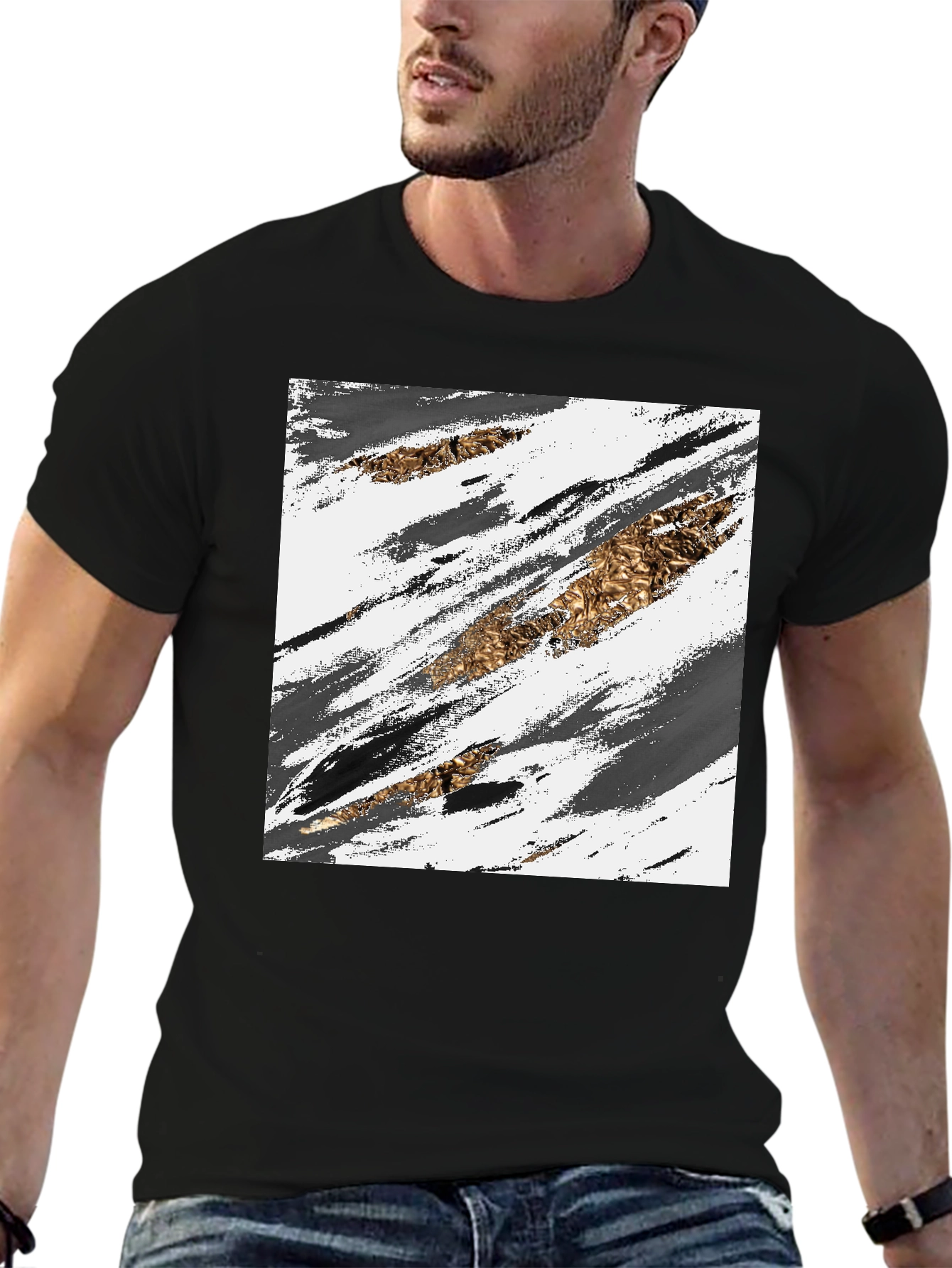 Abstract Gold & Grey Brush Stroke Graphic Tee