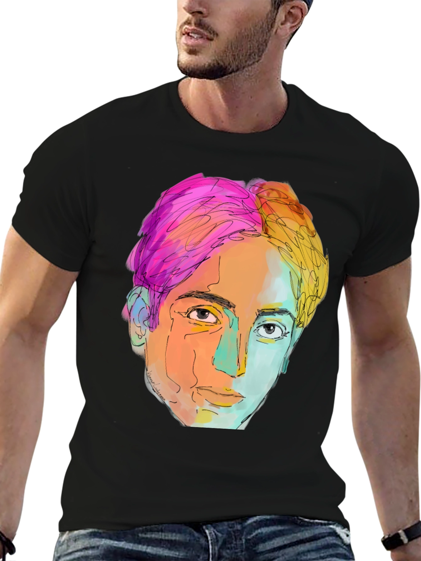 Abstract Face Graphic Tee - Stylish Mens Black T-Shirt