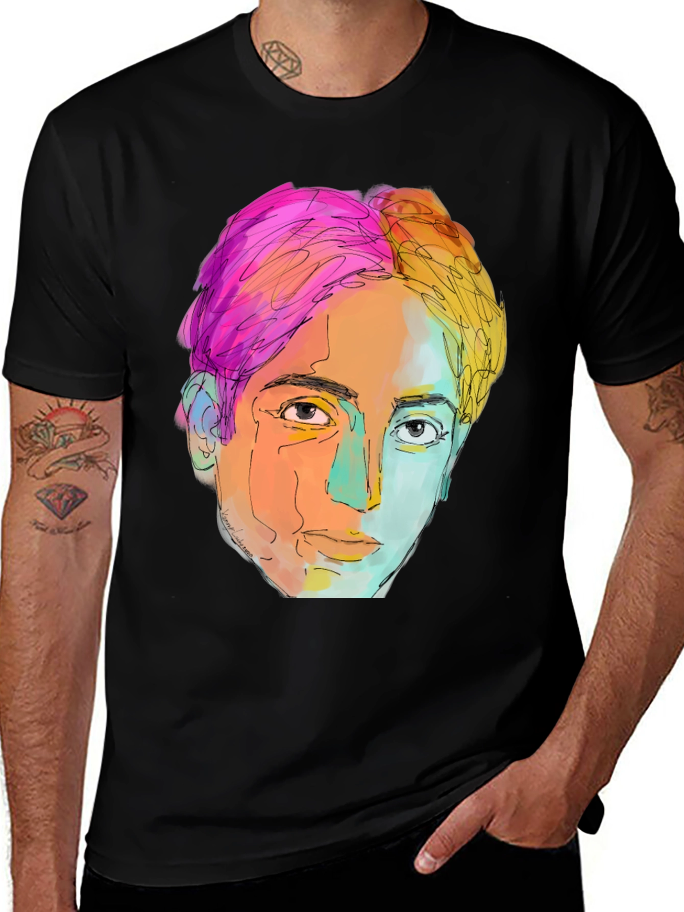 Abstract Face Graphic Tee - Stylish Mens Black T-Shirt