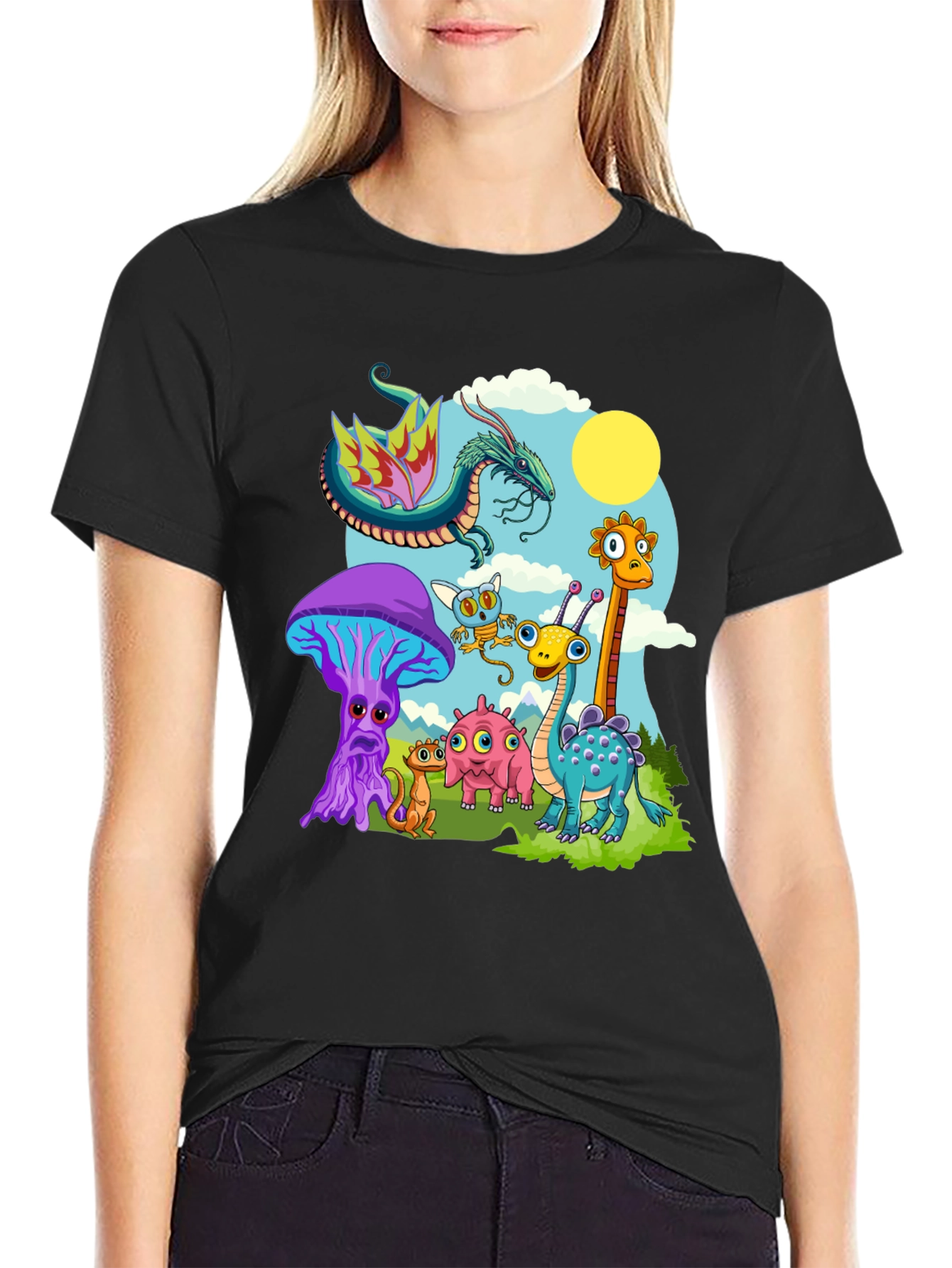 Whimsical Cartoon Creature Black T-Shirt