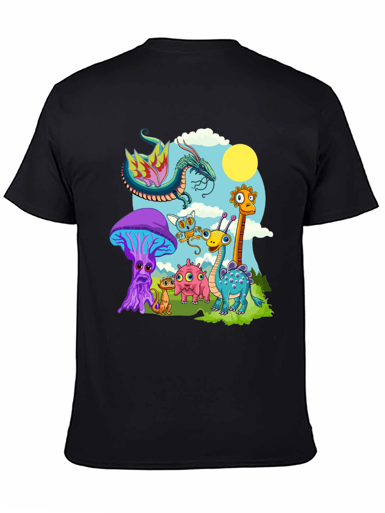 Whimsical Cartoon Creature Black T-Shirt