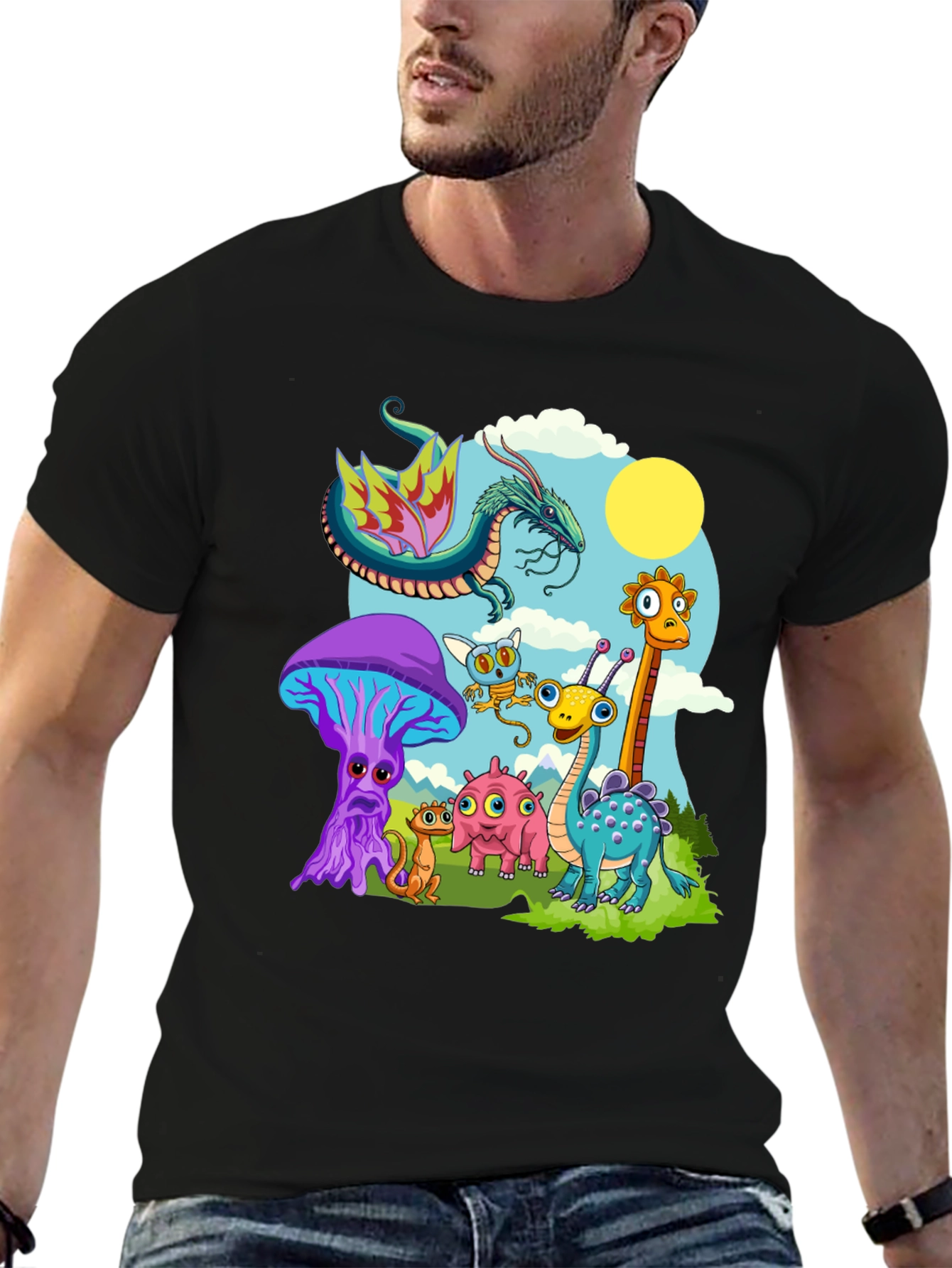 Whimsical Cartoon Creature Black T-Shirt