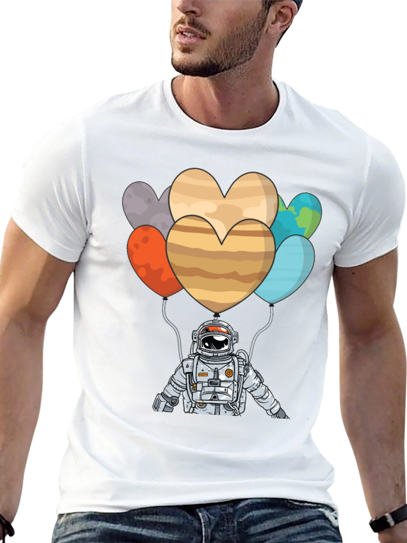 Astronaut Planet Heart Balloons Graphic T-Shirt