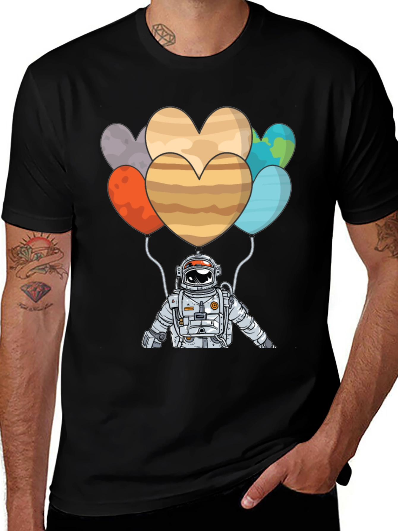 Astronaut Planet Heart Balloons Graphic T-Shirt