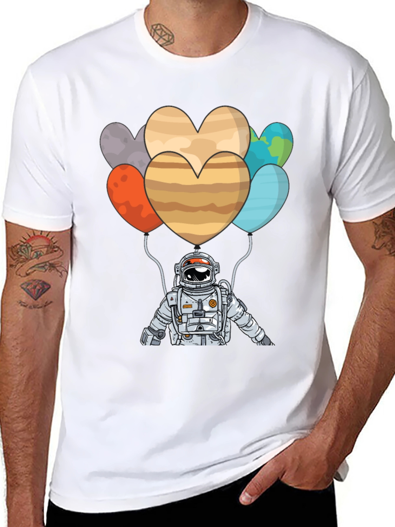 Astronaut Planet Heart Balloons Graphic T-Shirt