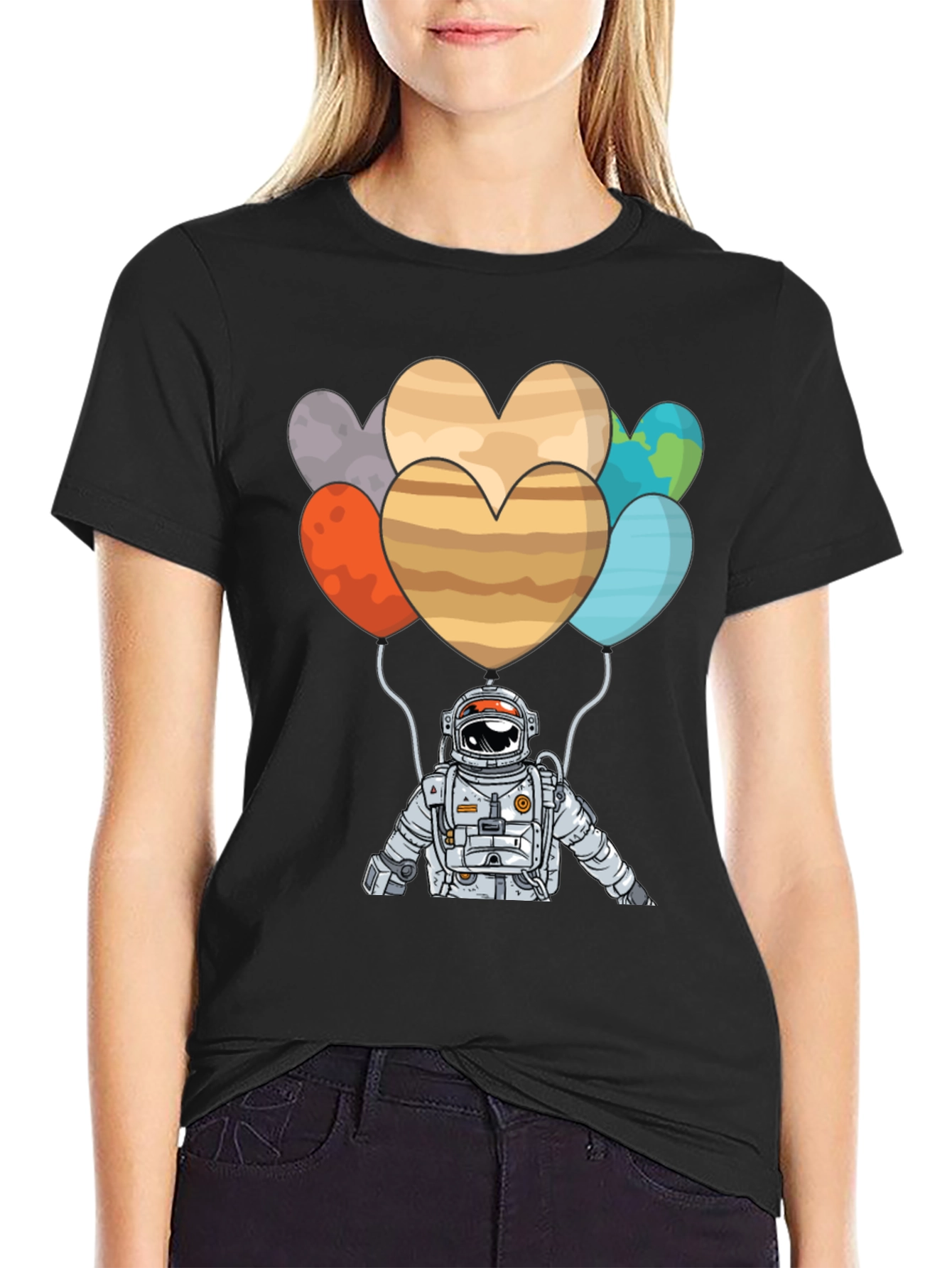 Astronaut Planet Heart Balloons Graphic T-Shirt