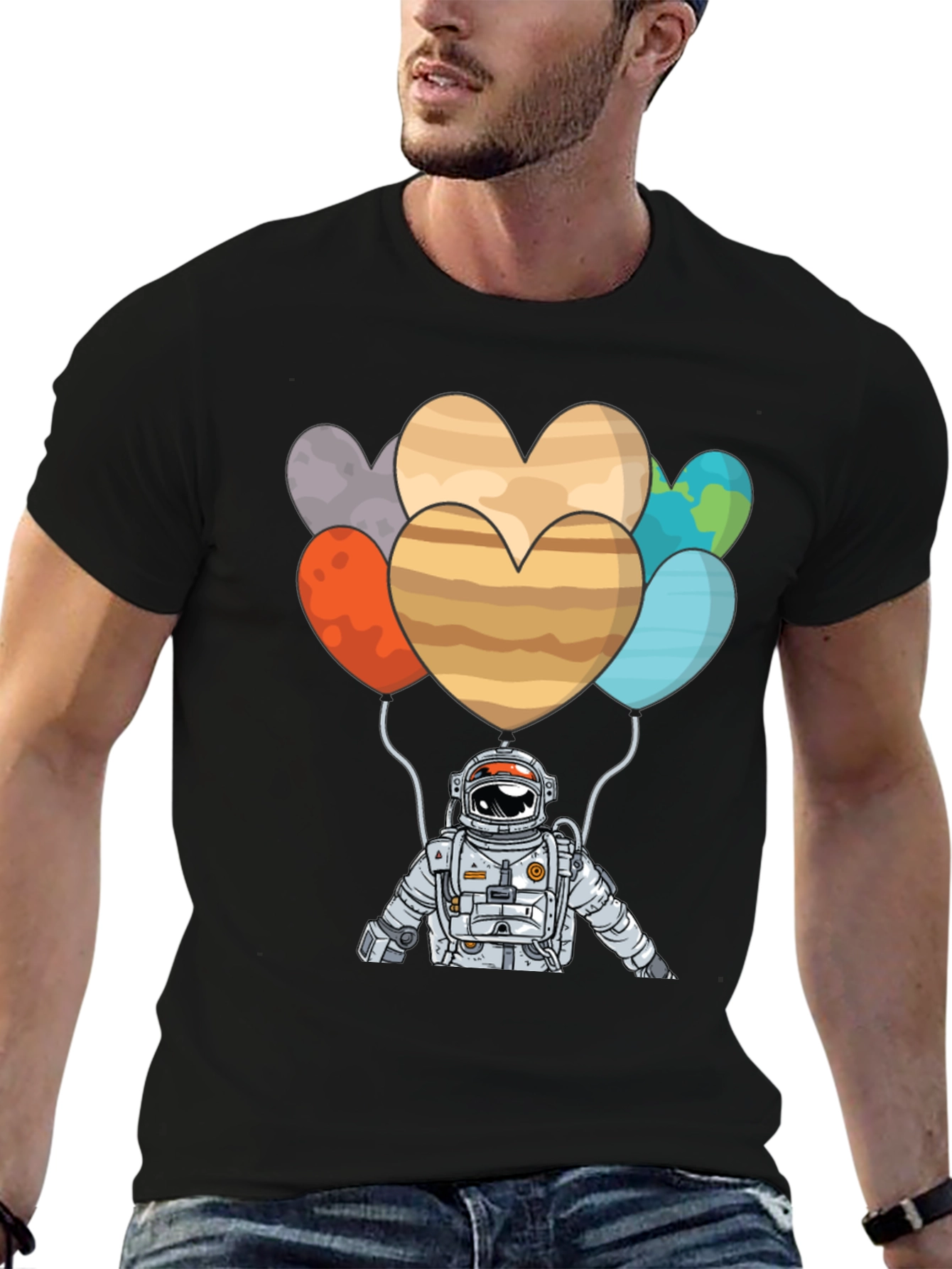 Astronaut Planet Heart Balloons Graphic T-Shirt