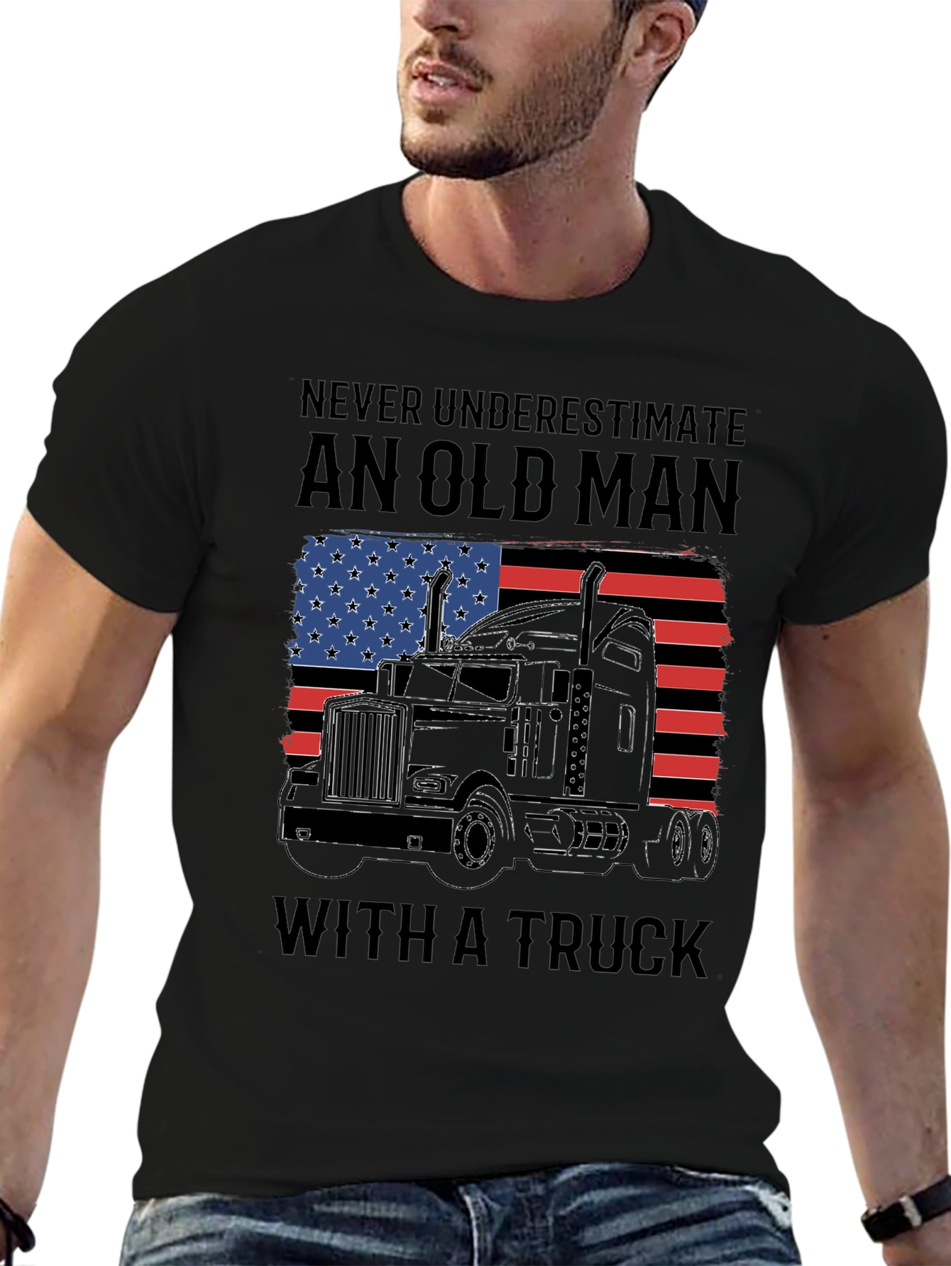 Old Man Trucker T-Shirt - American Flag Design