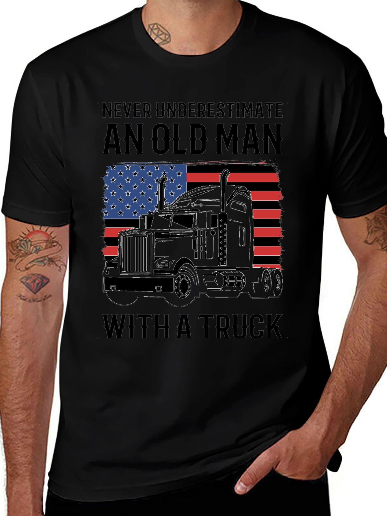 Old Man Trucker T-Shirt - American Flag Design