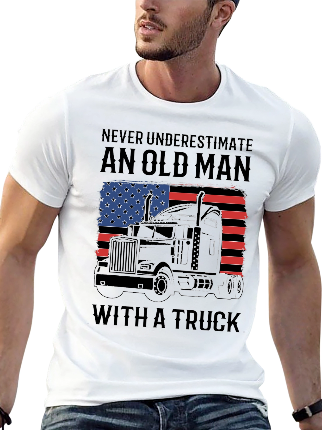Old Man Trucker T-Shirt - American Flag Design