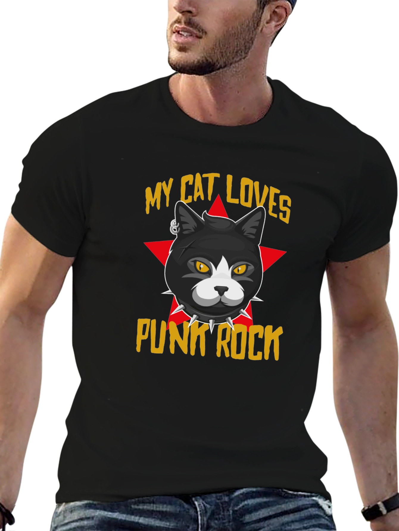 Punk Rock Cat Graphic T-Shirt