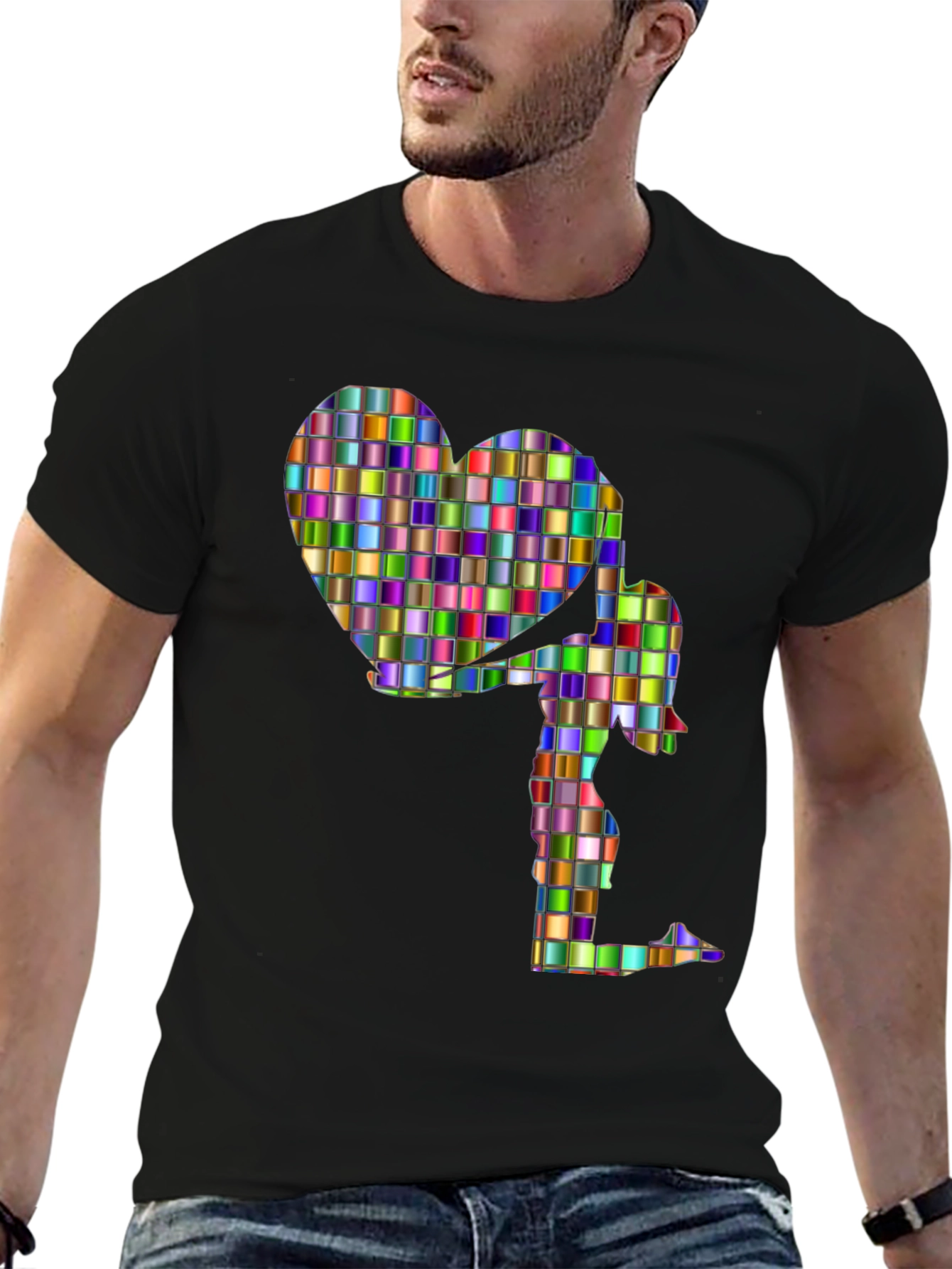 Abstract Mosaic Heart and Figure Graphic Tee - Black