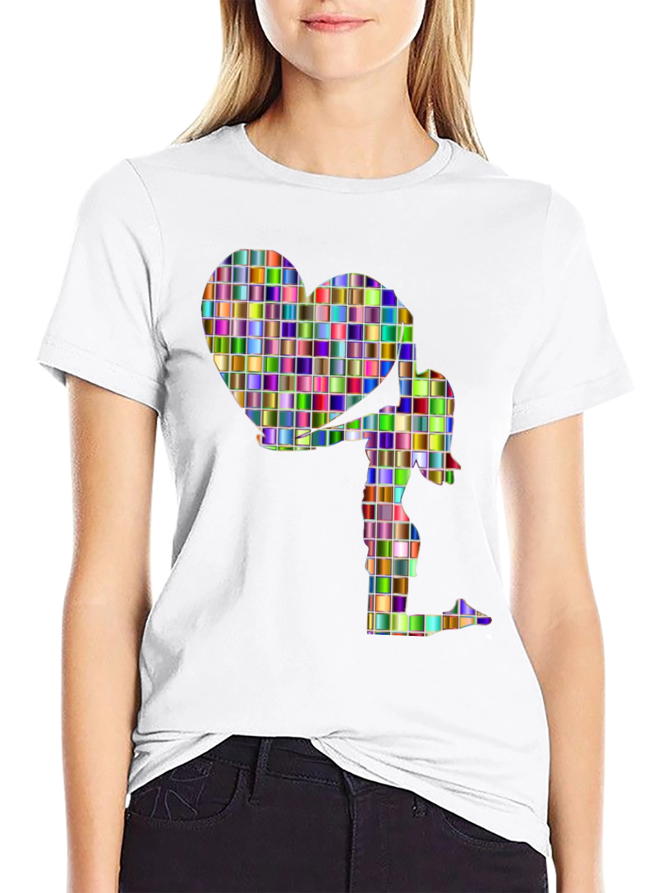 Abstract Mosaic Heart and Figure Graphic Tee - Black