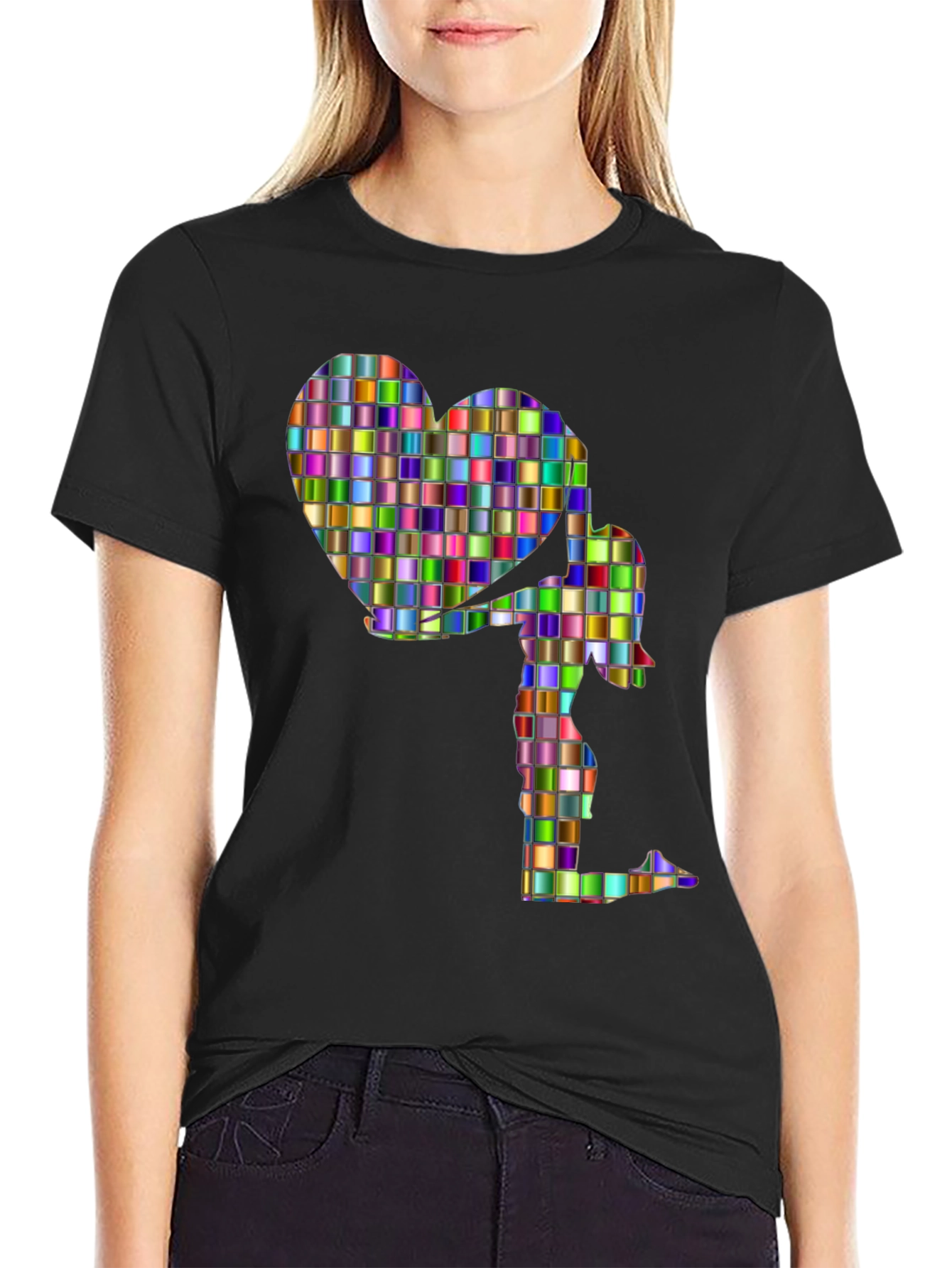 Abstract Mosaic Heart and Figure Graphic Tee - Black