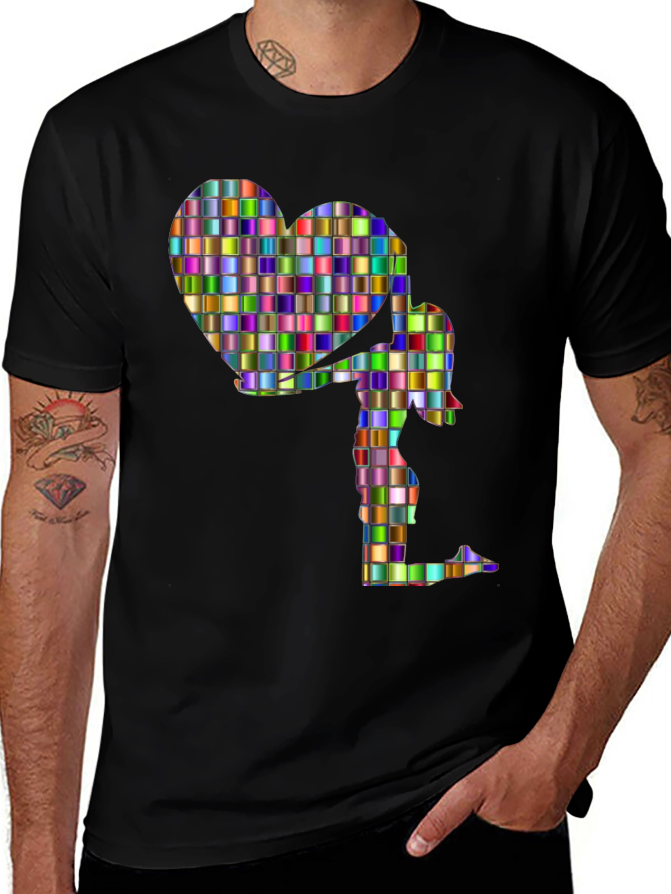 Abstract Mosaic Heart and Figure Graphic Tee - Black