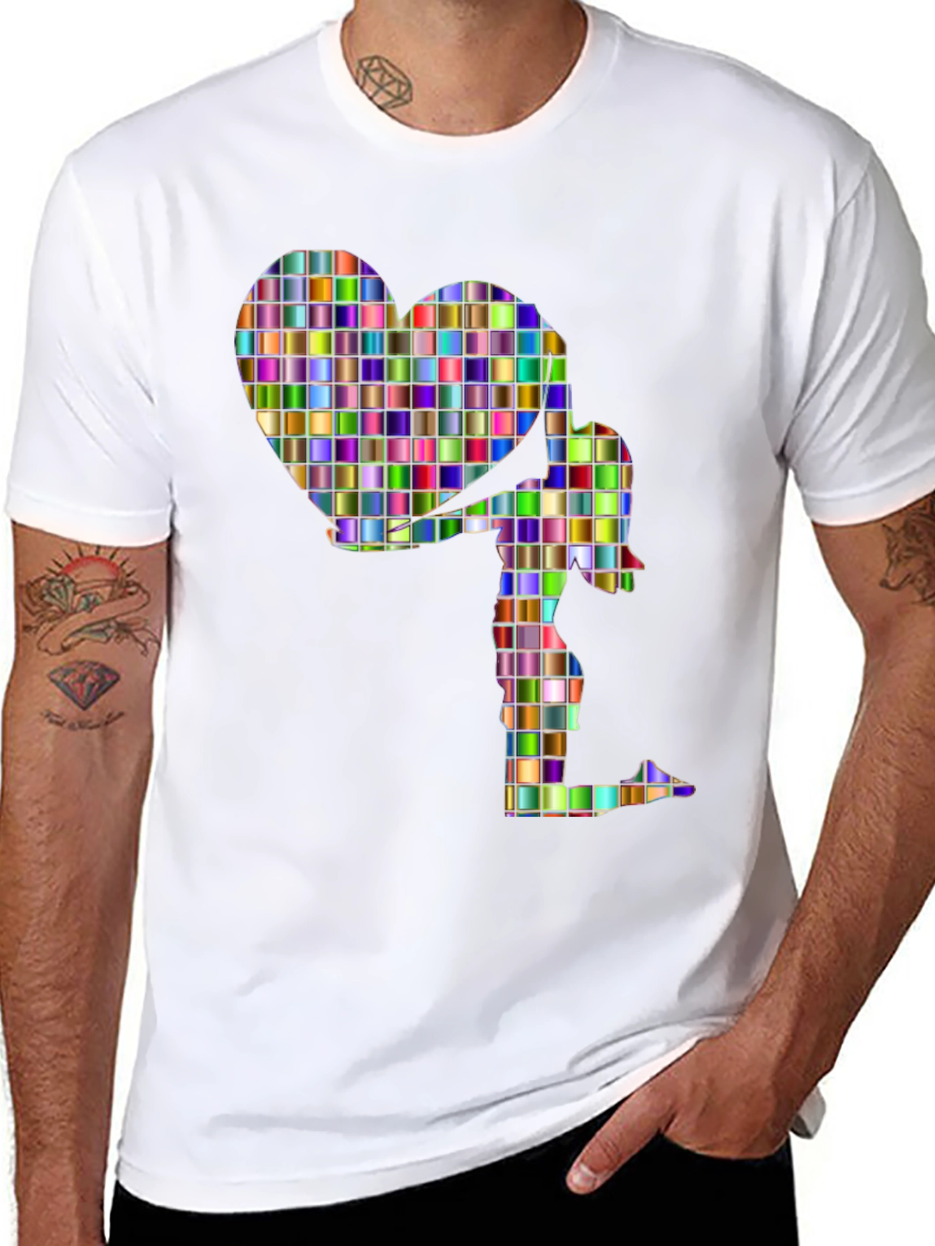 Abstract Mosaic Heart and Figure Graphic Tee - Black