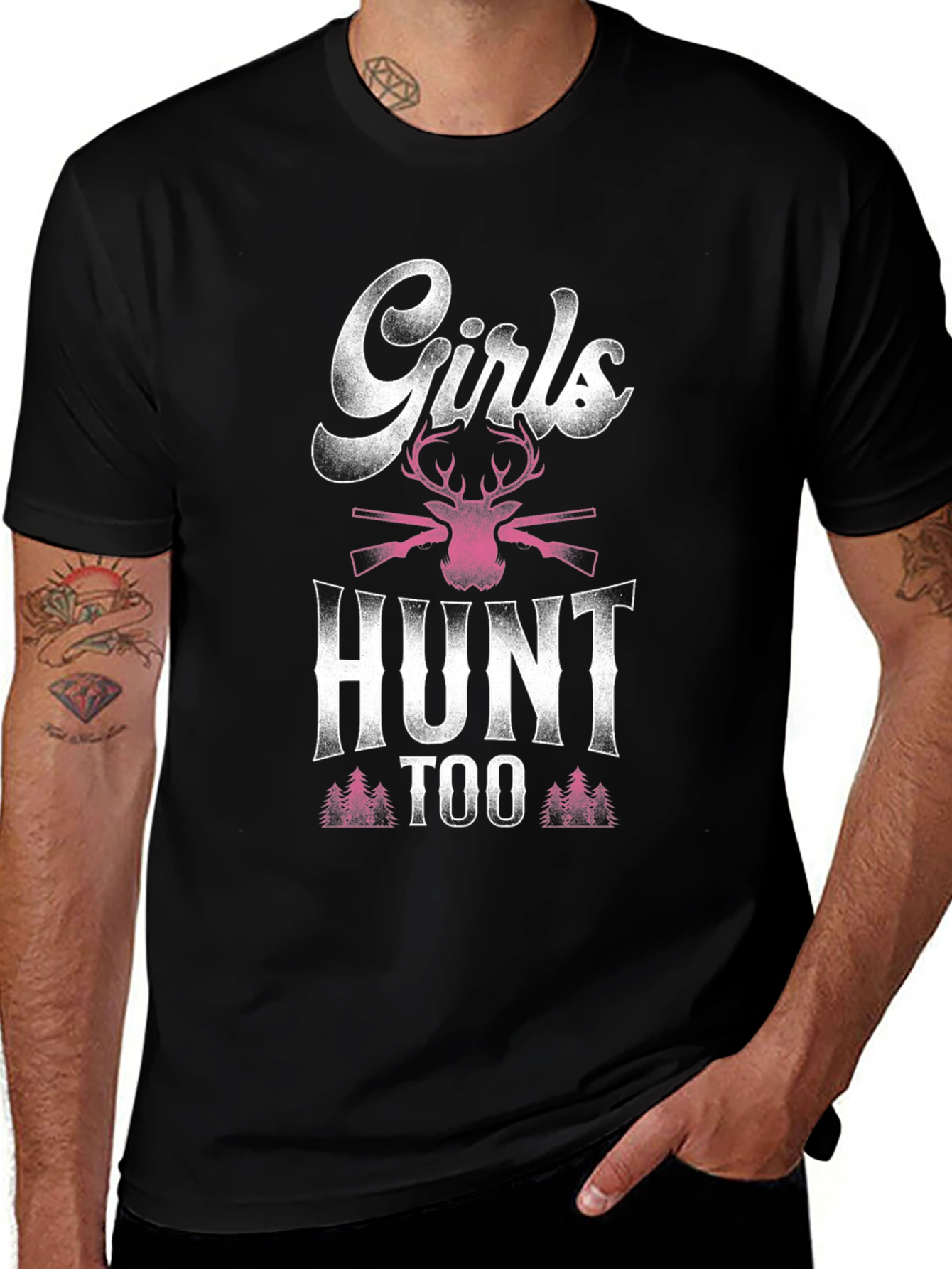 Girls Hunt Too T-Shirt: Deer and Rifle Design