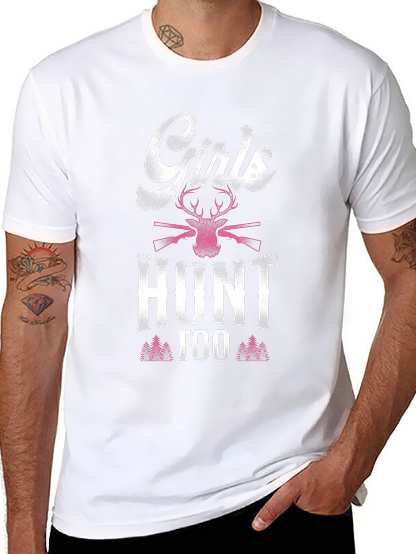Girls Hunt Too T-Shirt: Deer and Rifle Design