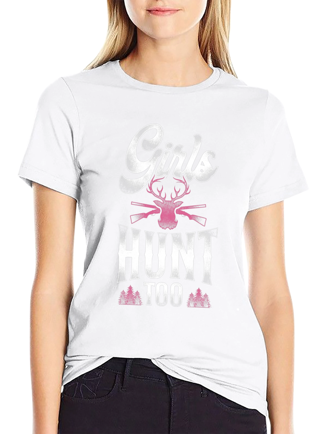 Girls Hunt Too T-Shirt: Deer and Rifle Design