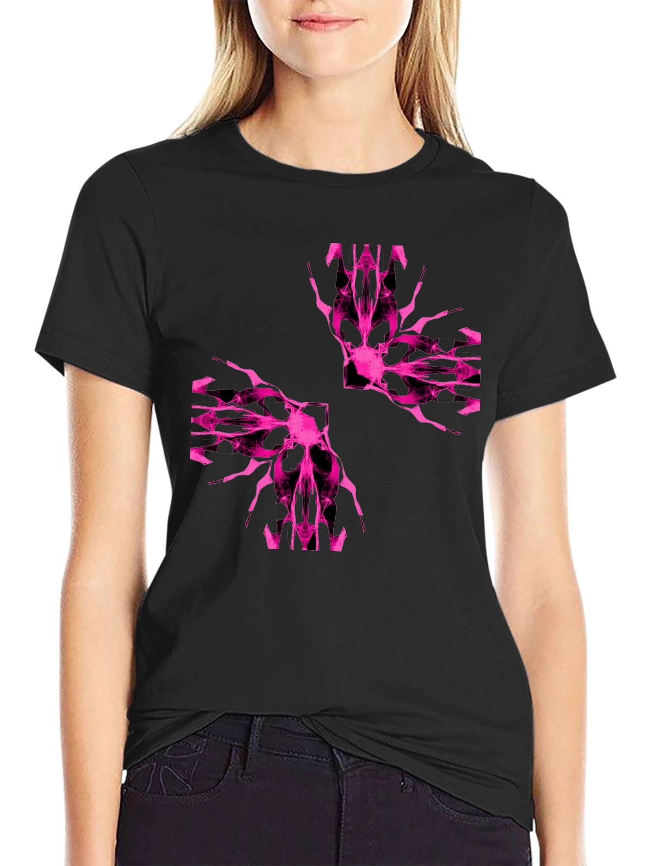 Abstract Pink Graphic Print Black T-Shirt