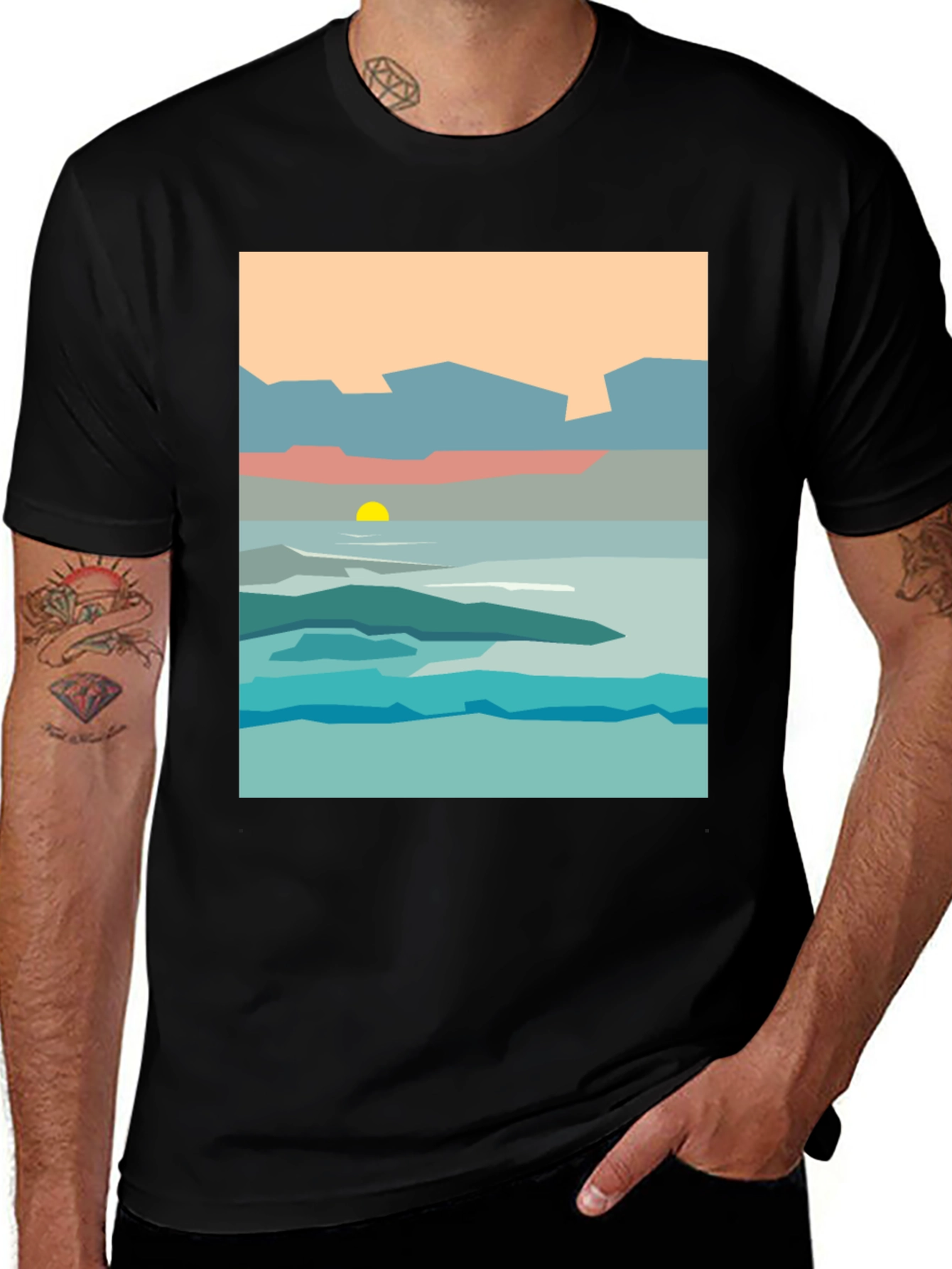 Abstract Landscape Graphic Tee - Black Cotton T-Shirt