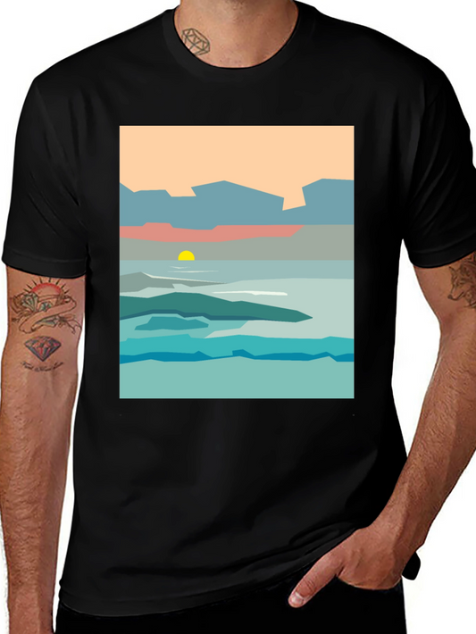 Abstract Landscape Graphic Tee - Black Cotton T-Shirt