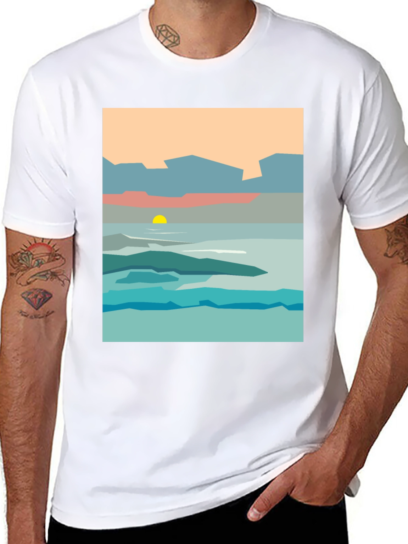 Abstract Landscape Graphic Tee - Black Cotton T-Shirt