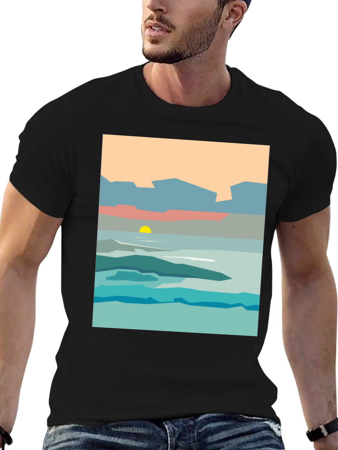 Abstract Landscape Graphic Tee - Black Cotton T-Shirt