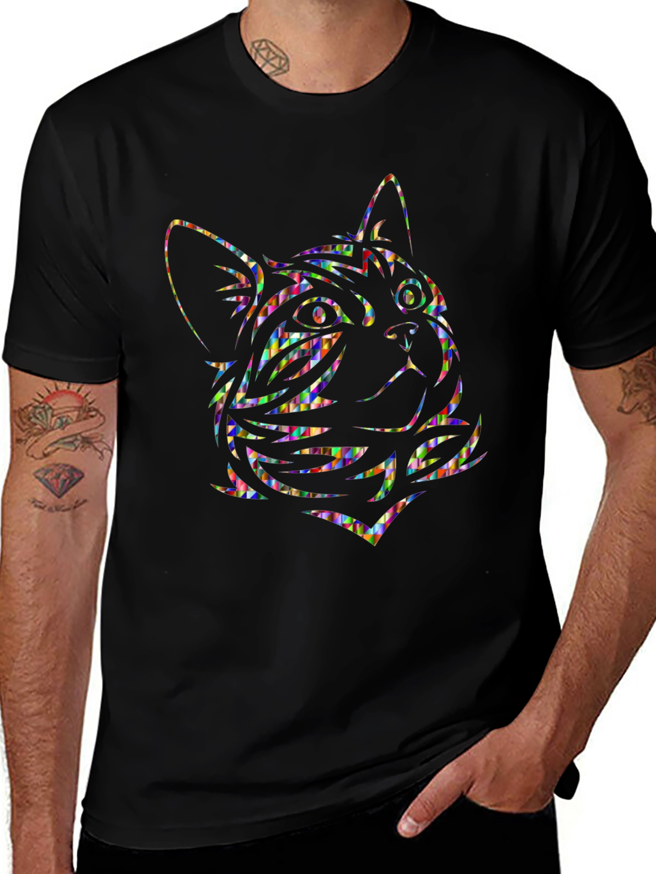 Abstract Cat Graphic Tee - Black Cotton Comfort