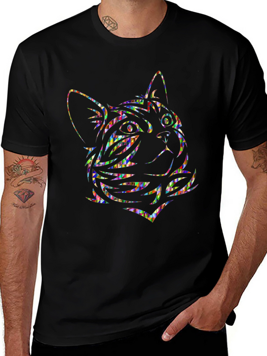 Abstract Cat Graphic Tee - Black Cotton Comfort