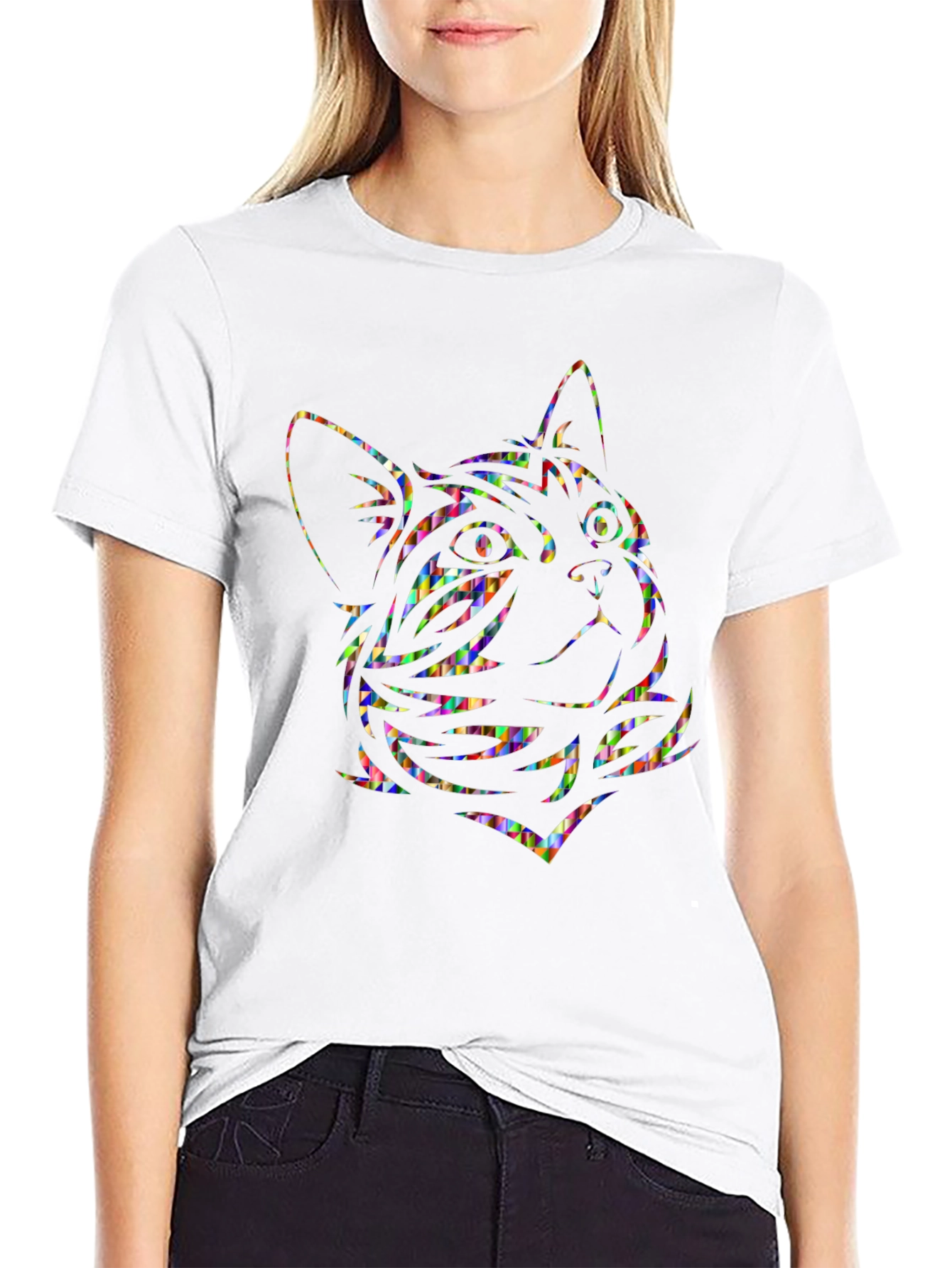 Abstract Cat Graphic Tee - Black Cotton Comfort