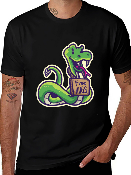 Funny Snake Free Hugs Graphic Tee - Black Cotton T-Shirt