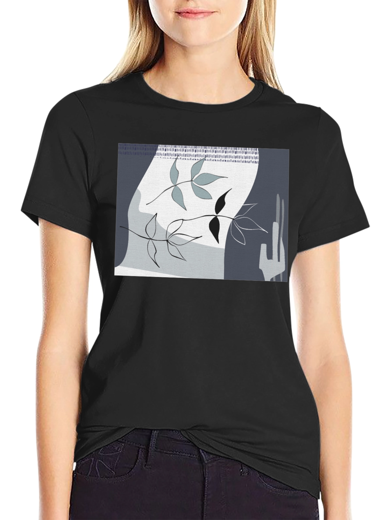 Abstract Leaf Design Black T-Shirt
