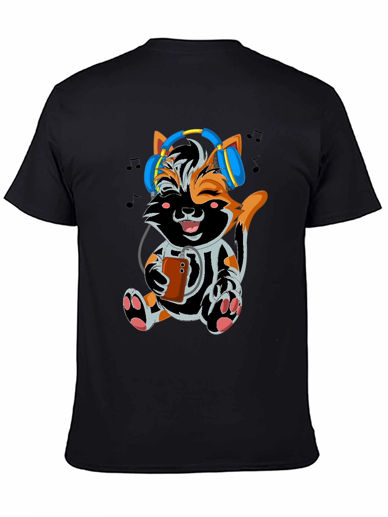 Cute Cat with Headphones Black T-shirt