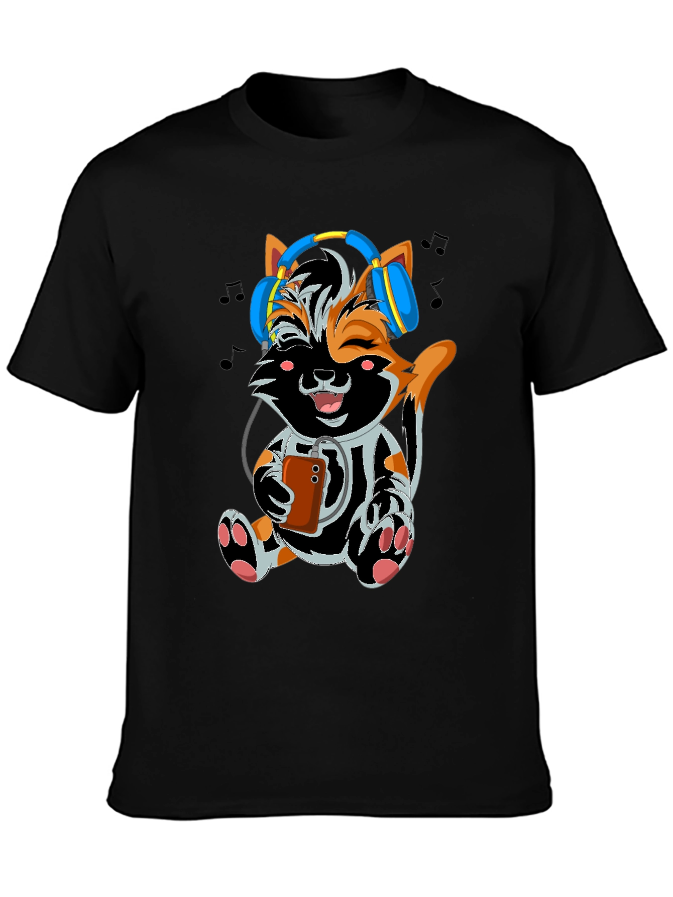 Cute Cat with Headphones Black T-shirt