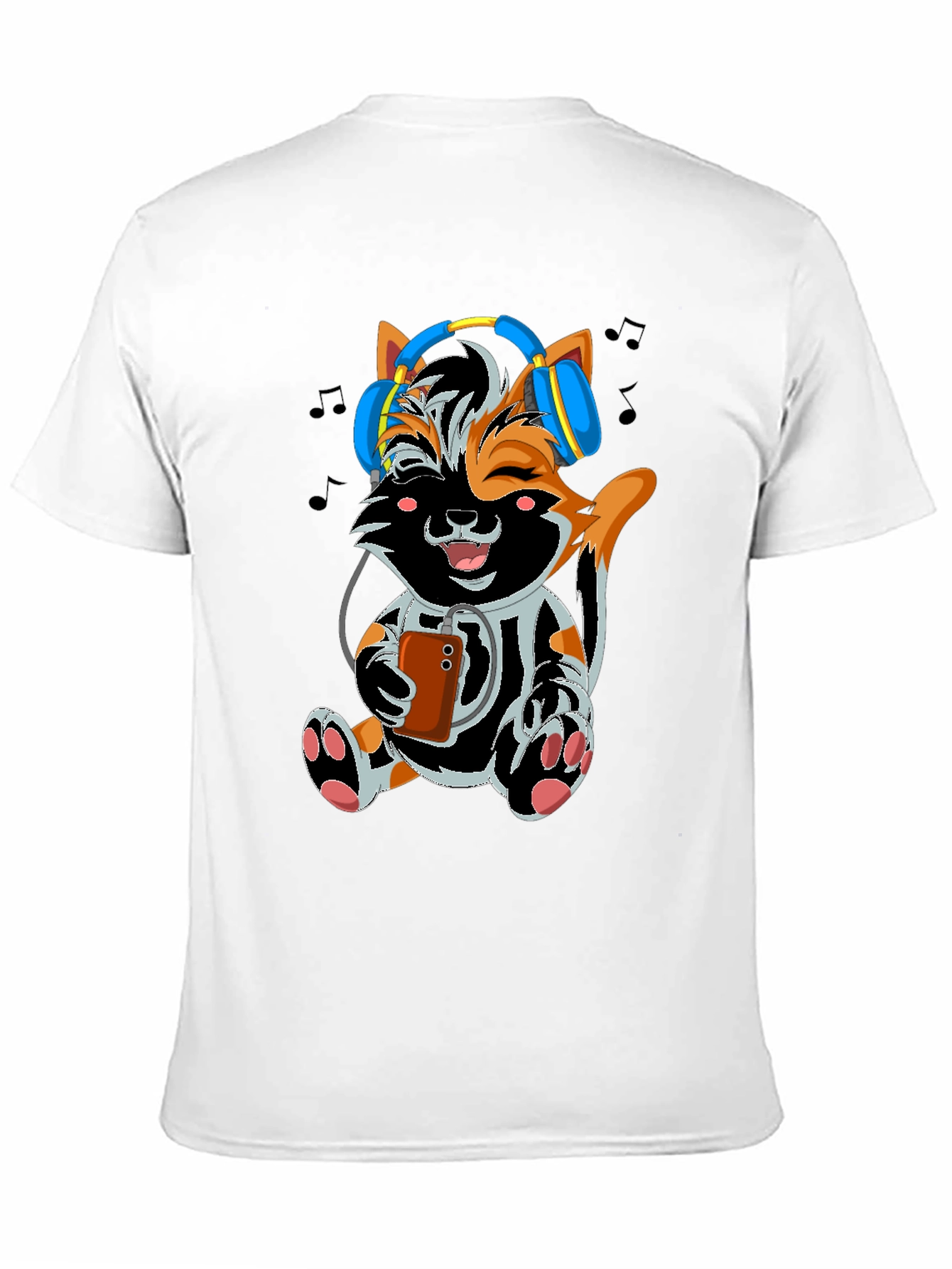Cute Cat with Headphones Black T-shirt