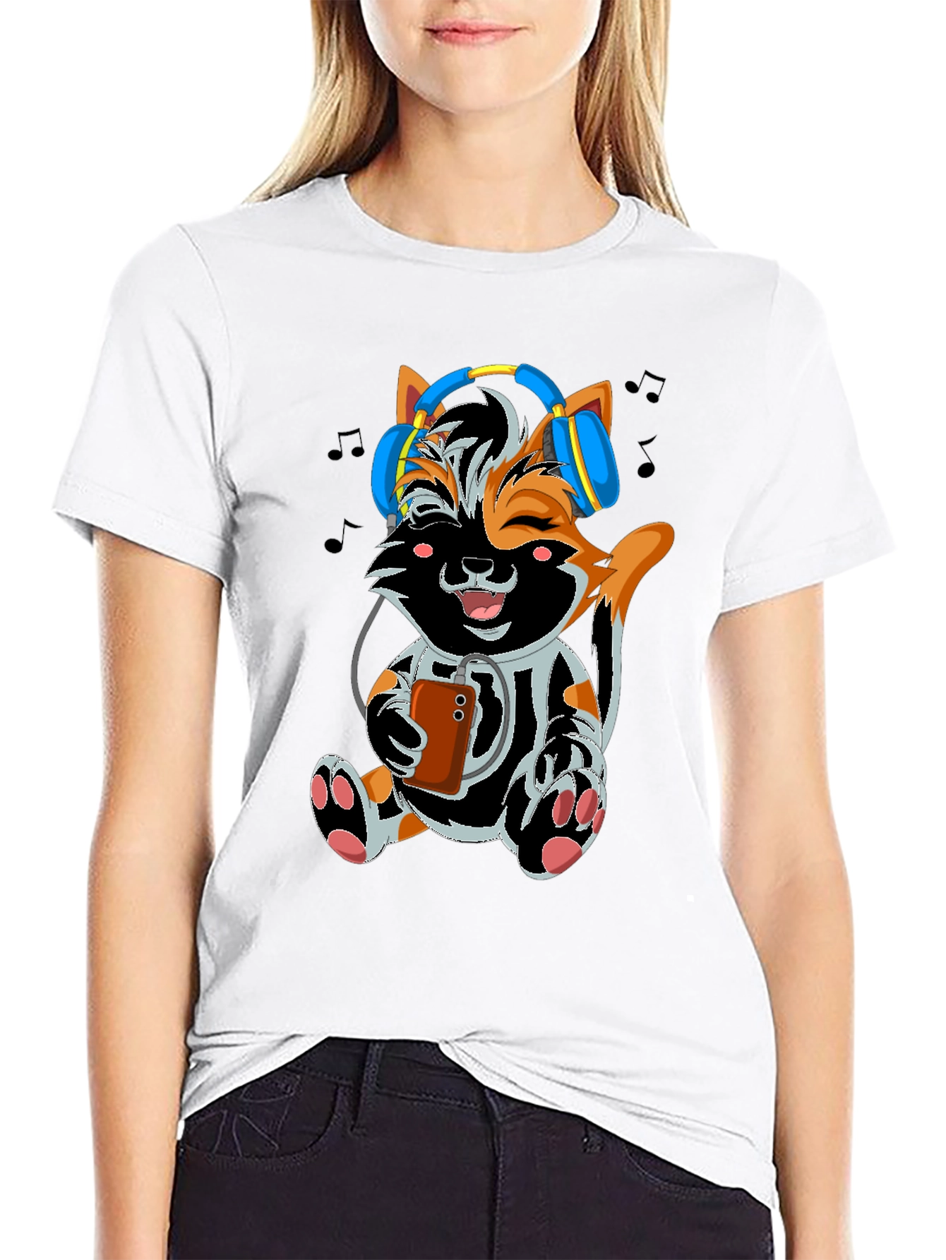 Cute Cat with Headphones Black T-shirt