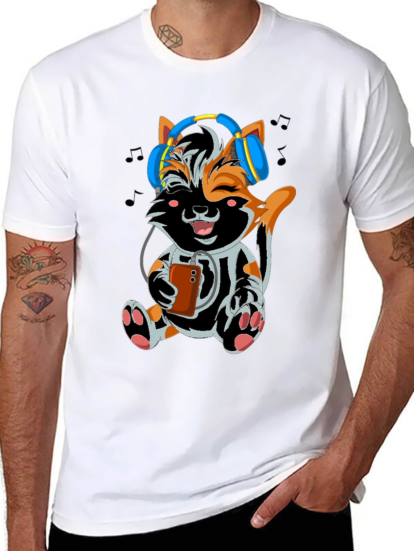Cute Cat with Headphones Black T-shirt