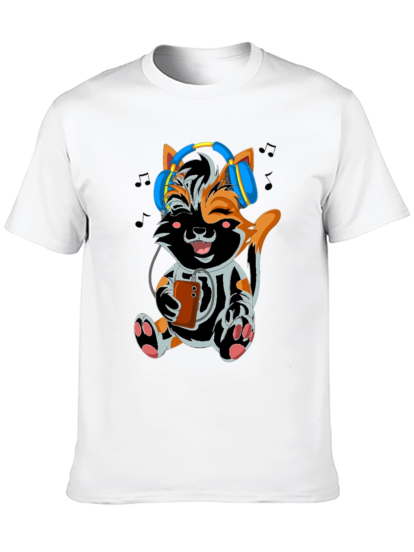 Cute Cat with Headphones Black T-shirt