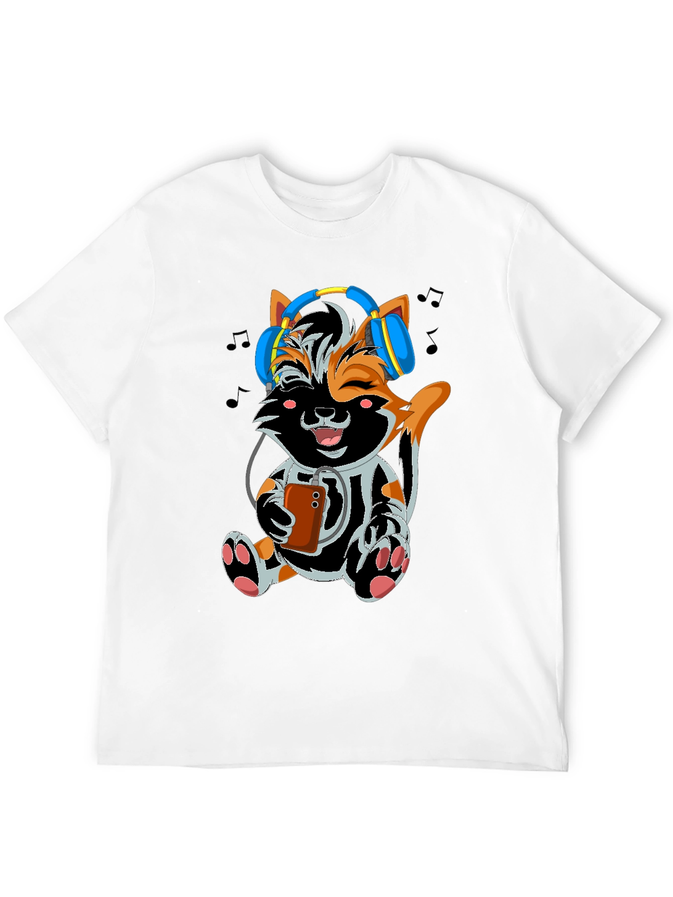 Cute Cat with Headphones Black T-shirt