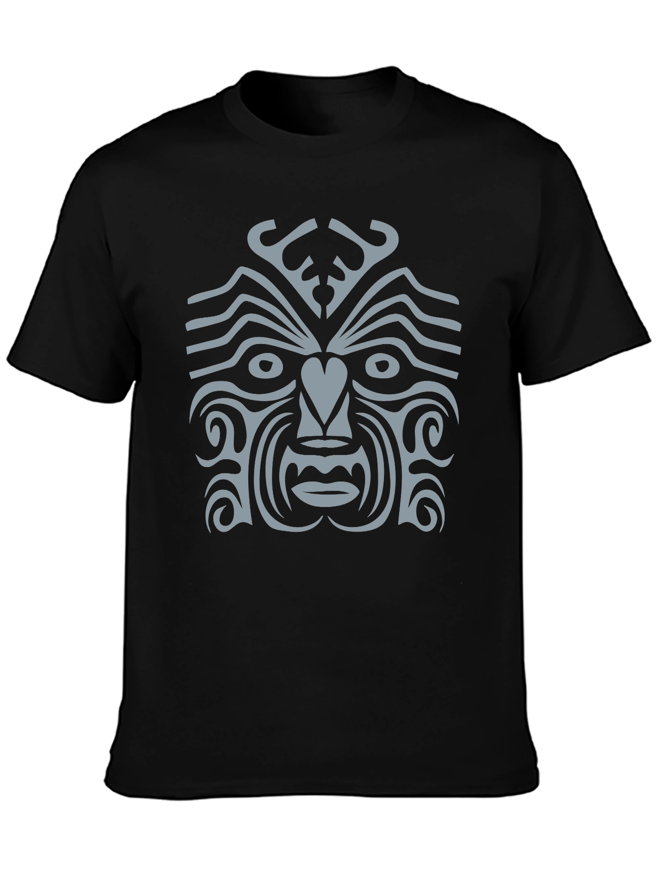 Tribal Face Graphic Tee - Black Cotton Casual