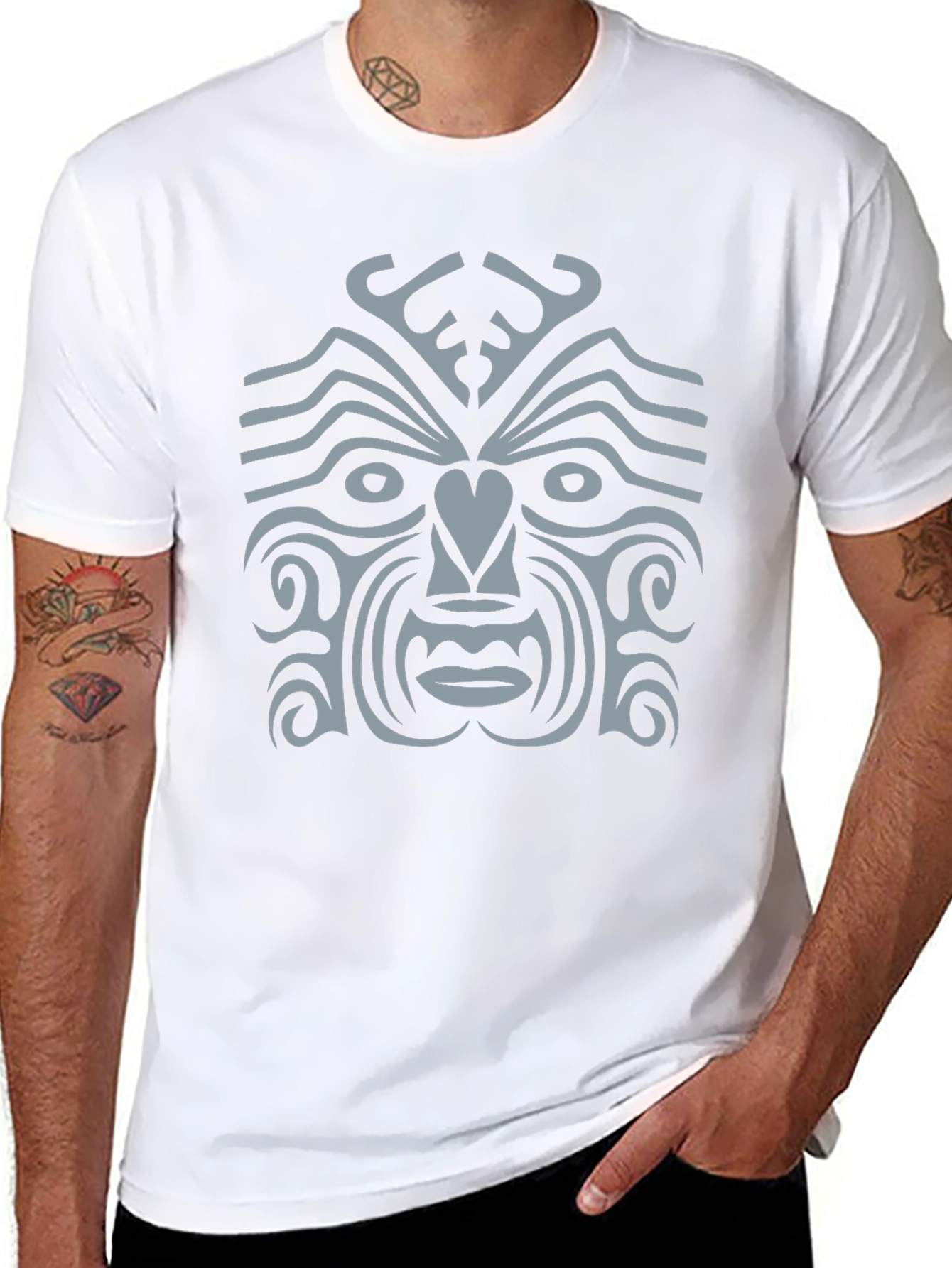 Tribal Face Graphic Tee - Black Cotton Casual